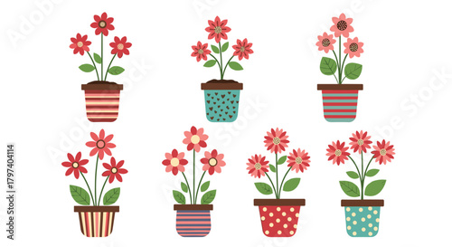 Set of seven cheerful potted flowers in various colorful planters.