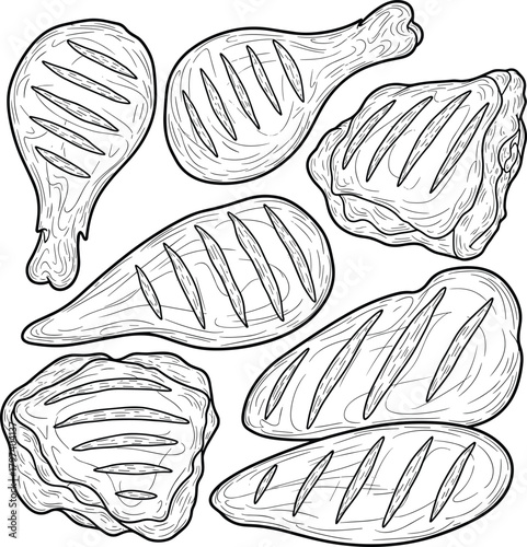 PrintSet of Grilled Meat Cuts Engraving Style Vector Illustration - BBQ Food Line Art Graphic