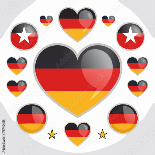 Free Download German Flag Heart Surrounded by Smaller German Flag Hearts and Circles with Stars on a Light Background - GFXLoad