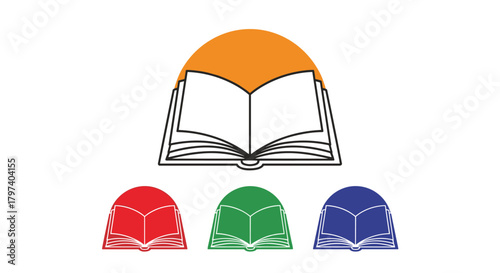 An open book with a colorful arched background above three colorful open books.