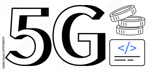 Large 5G text with stacked coins and coding interface element, representing technology, finance, innovation, and digital transformation. Ideal for networks, fintech, communication, connectivity