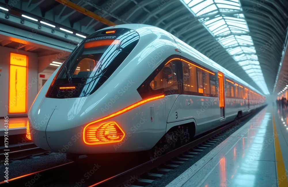 Fototapeta premium Modern train waits at metro station platform. Futuristic transport with glowing orange lights. High speed rail vehicle arrives to station in city. Commute travel concept.