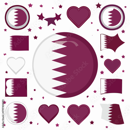 Collection of Qatar Flag Elements Including Circles Hearts Stars and Various Shapes on White vector illustration