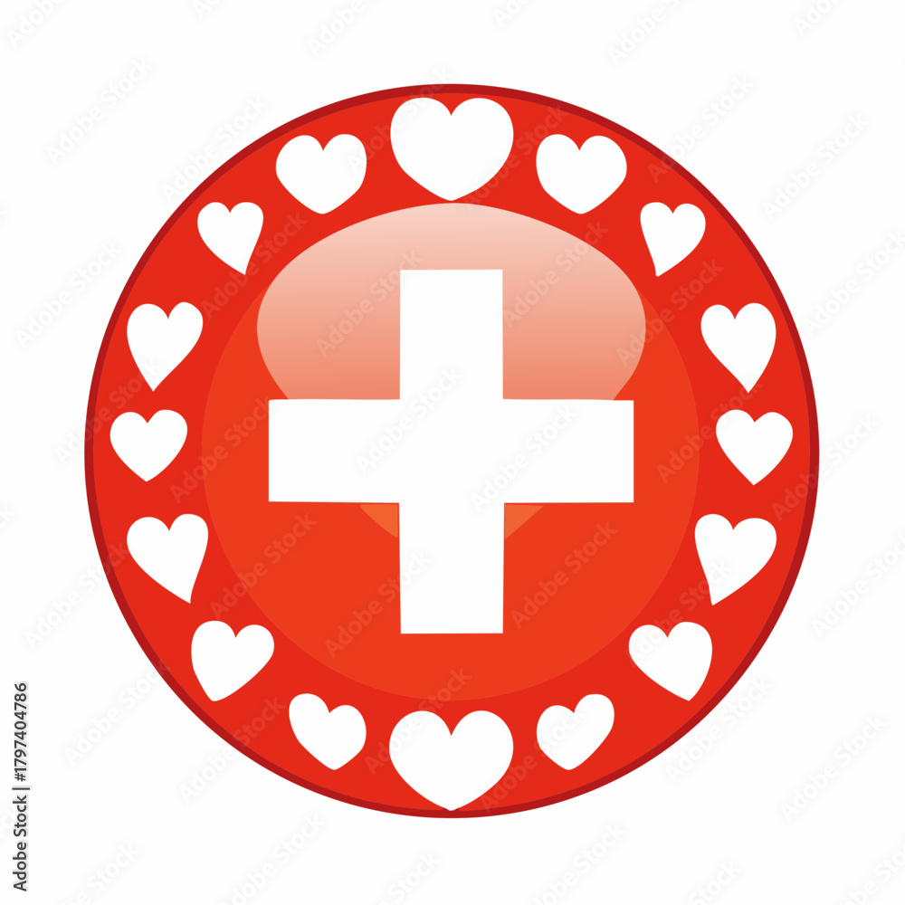 Obraz premium Red Circle with White Swiss Cross and Border of White Hearts on White Background Switzerland love