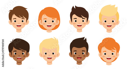 A colorful collection of diverse cartoon children's faces with various hairstyles and skin tones.