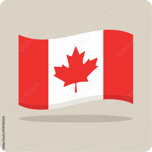Waving flag of Canada with a red maple leaf on a white and red background on a light beige background