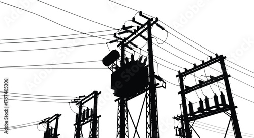 Silhouette vector illustration of electrical substation with transformers, utility poles, and transmission tower—energy grid infrastructure layout for power distribution reference