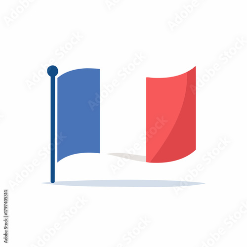 French Tricolor Flag on a Pole with a Shadow on White Background France French flag