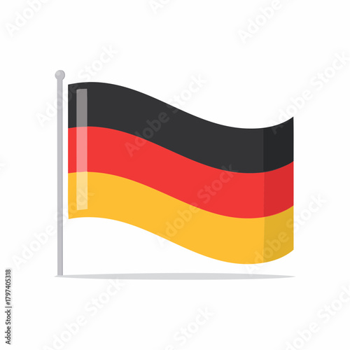 Waving German Flag on a Pole with a Shadow on White Background Germany black