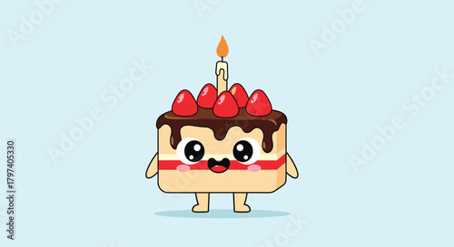 A delightful cartoon cake character wearing a single lit candle on its head.