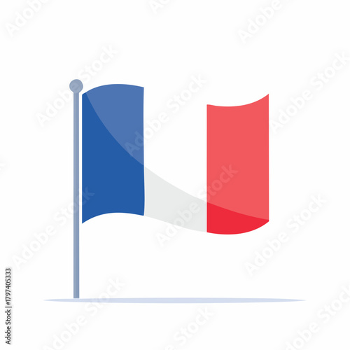 Waving French Flag on a Pole with a Subtle Shadow on White Background France tricolor