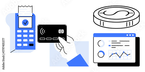 Hand holding a card near contactless reader, payment receipt, analytics dashboard with graphs, digital coin. Ideal for fintech, cashless economy, investment tracking, data analysis, retail banking