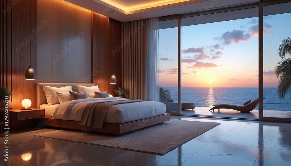 Obraz premium Modern bedroom with plush bed overlooks ocean sunset. Luxurious hotel suite features wood paneling, ambient lighting, and balcony with chaise lounge. Serene coastal view.