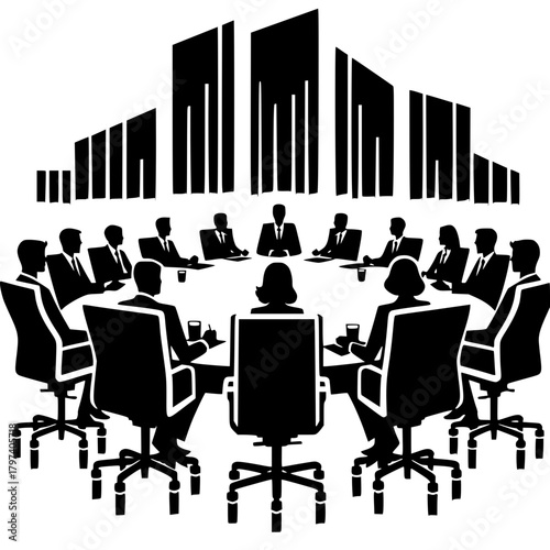 Negotiation at the Round Table: A silhouette depiction captures a dynamic business meeting in progress, where strategic planning unfolds around a round table.