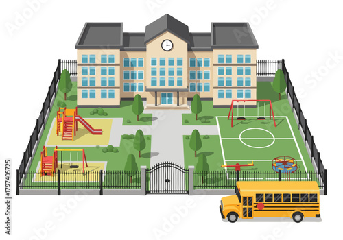 Isometric illustration of a modern school building with a large playground, sports field, and a classic yellow school bus for students' education