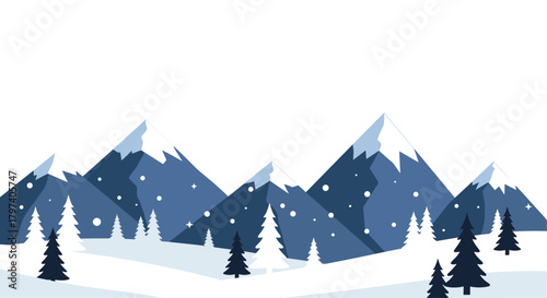 A serene winter landscape featuring snow-capped mountains and evergreen trees under a gentle snowfall.