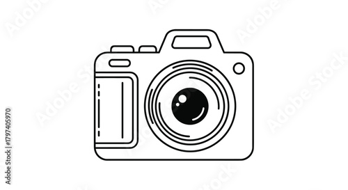 A close up line art drawing of a digital camera with a prominent lens.