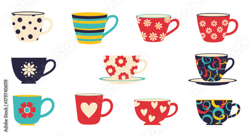 A delightful collection of colorful and patterned coffee cups perfect for your morning brew or afternoon tea.
