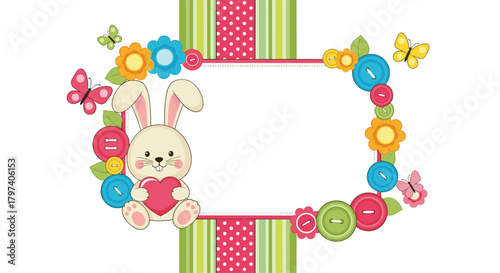 A cute fluffy bunny with a heart surrounded by colorful flowers and butterflies.