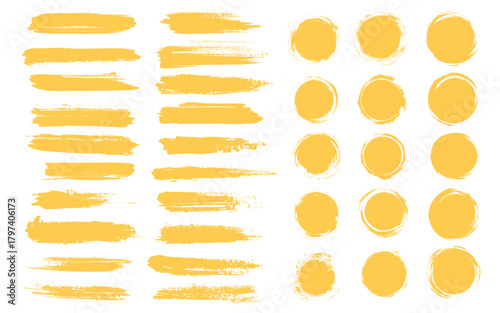 Yellow ink stains mega set in flat graphic design. Collection elements of abstract grunge paint shapes. Vector illustration.