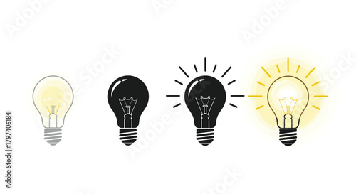 A sequence of light bulbs illustrating the evolution of illumination from dim to bright ideas.