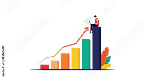 Analyzing the upward trend of business growth and financial performance on a rising bar chart with an arrow indicating progress.