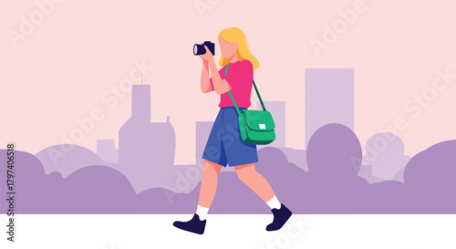 A woman walking and taking pictures with her camera on a city street.