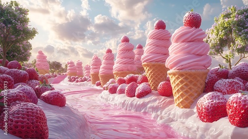 Whimsical strawberry ice cream cones with waffle texture high resolution picture