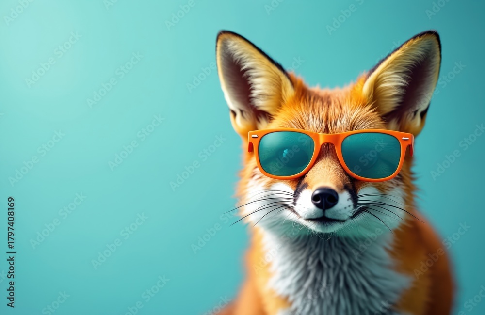Naklejka premium Stylish red fox wears cool orange sunglasses against aqua studio background. Funny wild animal character looks confident, trendy. Cute fashionable mammal portrait with vibrant colors, copy space for