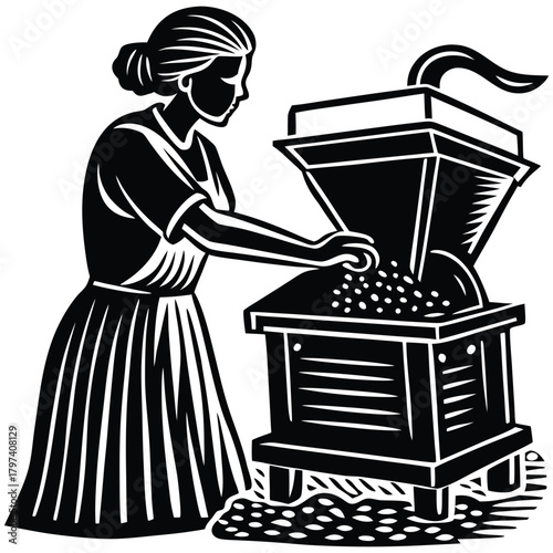 Woman Grinding Grain Silhouette, Vector Art Illustration on White Background