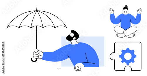 Man holding umbrella, meditating woman in yoga pose, and gear puzzle piece highlight protection, mindfulness, problem-solving, teamwork, self-care, innovation and holistic balance. Simple flat