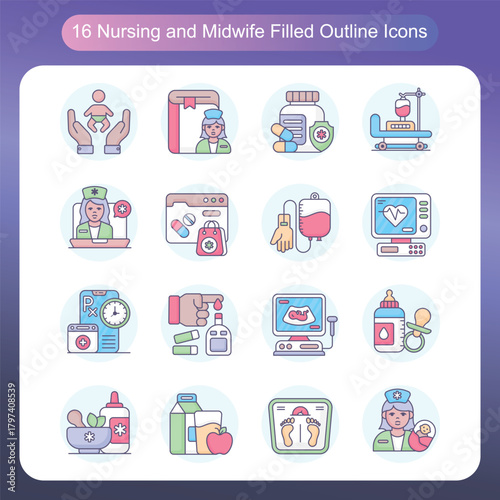 Nursing and Midwife Filled Outline Style Icons Set 2