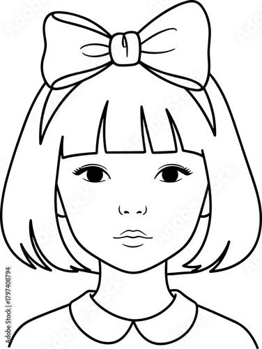 Minimalist,Line,Art,Portrait,Cartoon,Character,Bob,Hair,Bangs,Bow,Collar,Face,Icon,Black,White,Drawing,Simple,Design,Stylized,Avatar