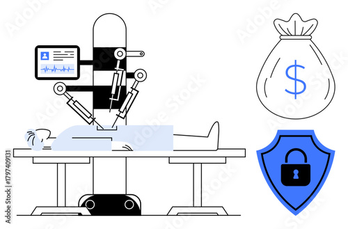 Robotic-assisted surgery in progress, patient on table, data screen, money bag, and security shield. Ideal for healthcare, technology, innovation, surgery cost safety future simple flat metaphor