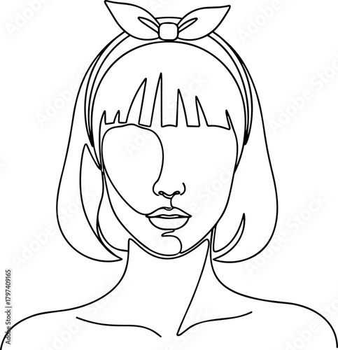 Minimalist,Line,Art,Portrait,Continuous,Drawing,Stylized,Character,Medium-Length,Hair,Bangs,Bow,Headband,Female,Face,Icon,Black,White,Design,Avatar