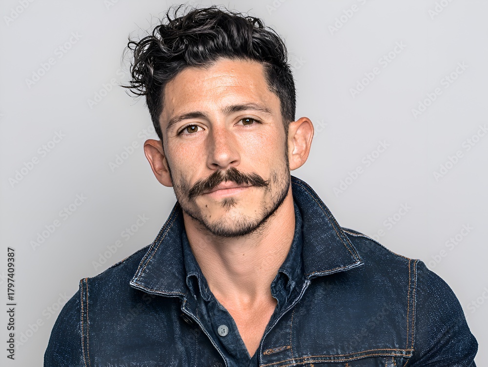 Fototapeta premium Handsome man with dark wavy hair, mustache, and a denim jacket poses confidently against a neutral background in a studio portrait shot.