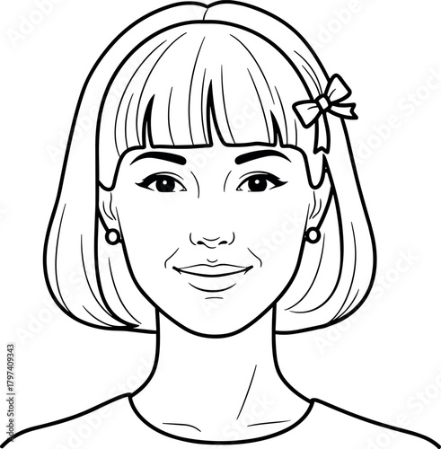 Minimalist,Line,Art,Portrait,Stylized,Character,Shoulder-Length,Hair,Bangs,Bow,Earrings,Female,Face,Icon,Black,White,Drawing,Simple,Design,Avatar