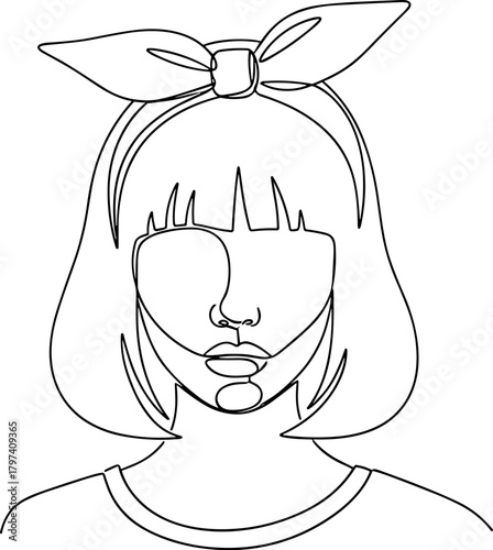 Minimalist,Line,Art,Portrait,Continuous,Drawing,Stylized,Character,Shoulder-Length,Hair,Bangs,Bow,Headband,Female,Face,Icon,Black,White,Design,Avatar