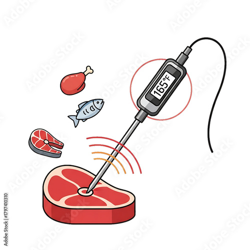 Digital thermometer checking internal temperature of meat cuts.