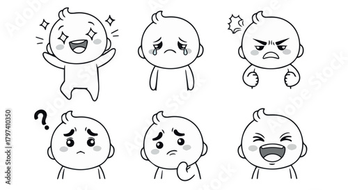 Expressive baby facial emotions like happy, sad, angry, confused, suitable for stickers, comics, education, UI icons, and character animation