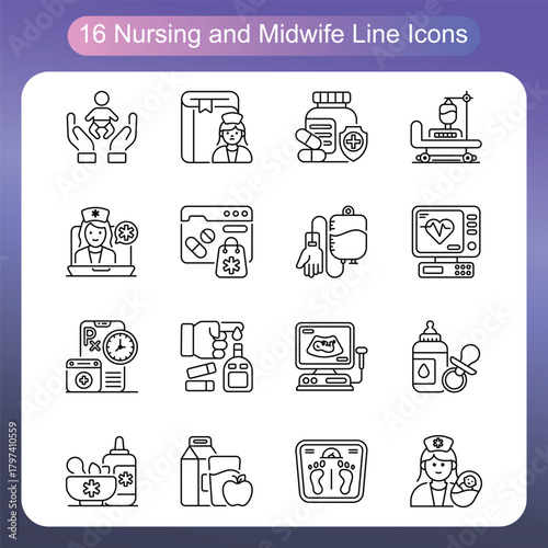 Nursing and Midwife Line Style Icons Set 2