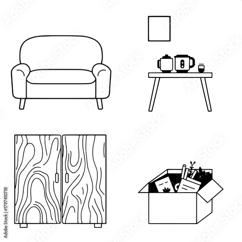 “Create a clean flat-design illustration divided into four quadrants. Show a rounded modern sofa in the upper left, a small table with a rice cooker and mug in the upper right, a wooden-patterned cabi