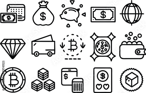 Financial icons: money, crypto, bitcoin, investment, savings, wallet