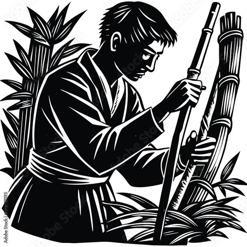 Bamboo Cutter Silhouette Asian Art Illustration Monochrome Man with Sticks on White Background