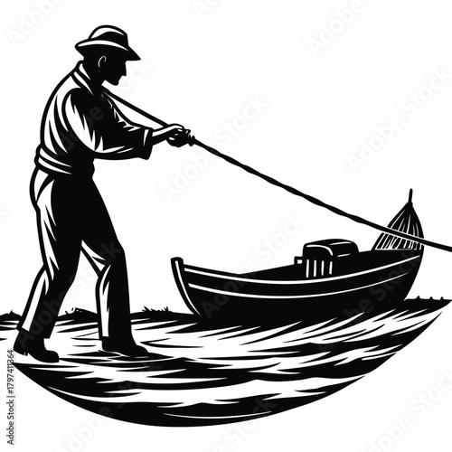 Fisherman Silhouette Pulling Boat Art, Black and White Maritime Scene on White Background
