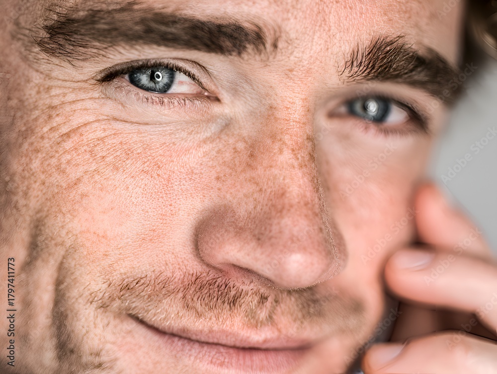 Obraz premium A close up portrait showcases a man with striking blue eyes and charming freckles smiling softly with a gentle touch on his face portrait.