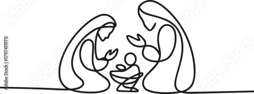 Continuous black line portrays Mary, Joseph, and baby Jesus on transparent background