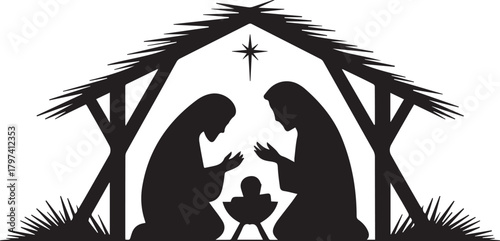 Silhouette shows kneeling man and woman watching baby under star in transparent background