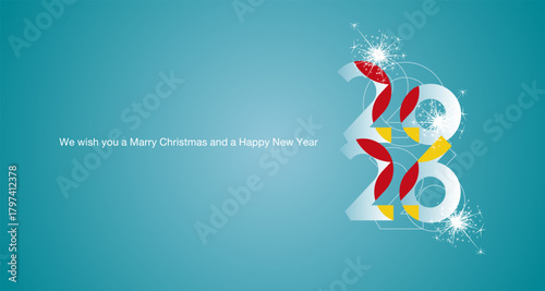 2026 Event. Happy New Year. Abstract style trendy modern compact design numbers composed from bold and line typographies and smarth colorful overlaped objects firework sea green color background