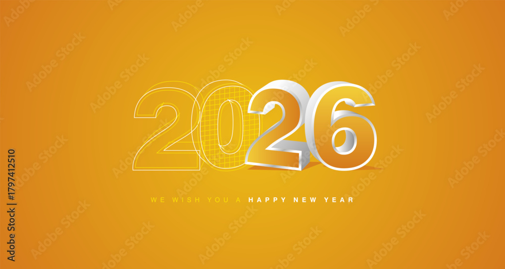 Fototapeta premium We wish you a happy new year 2026 eve. Architecture construction or mechanical engineering from line drawing to 3d silver yellow model numbers of 2026 with sparkle firework on orange yellow background